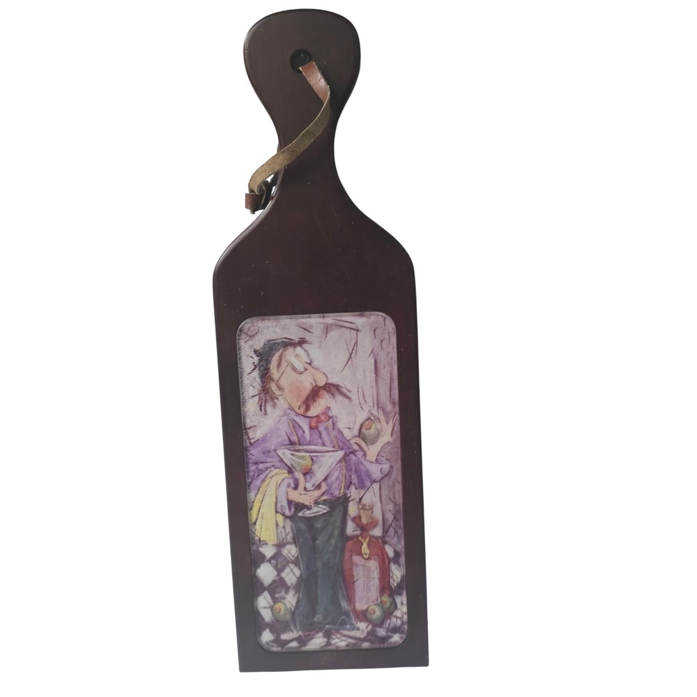 Vintage Whimsical Bartender Martini Wood Cheese Board Serving Paddle 17.5"